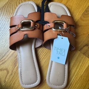 Time and Tru Women's Brown Slide Sandals with Gold Accent
